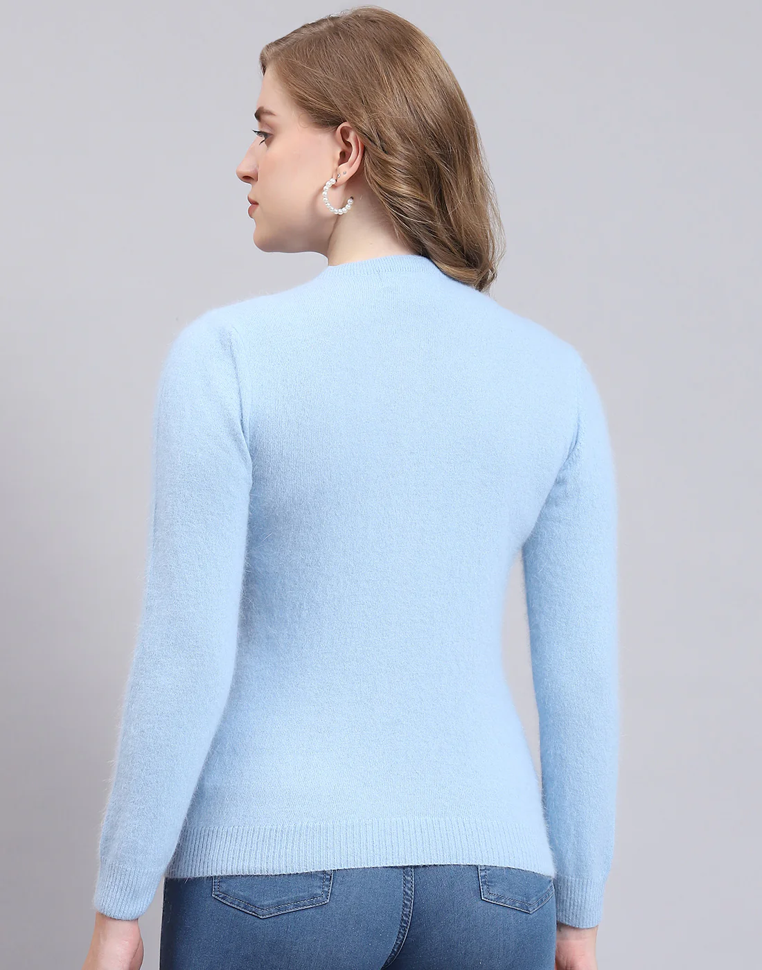 Women Blue Solid Round Neck Full Sleeve Cardigan - Image 5