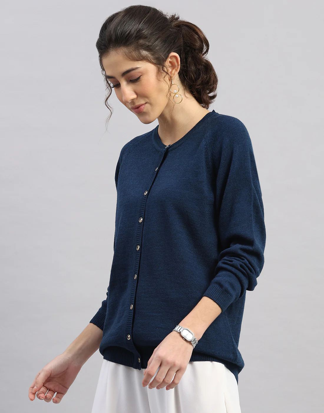 Women Blue Solid Round Neck Full Sleeve Cardigan - Image 2