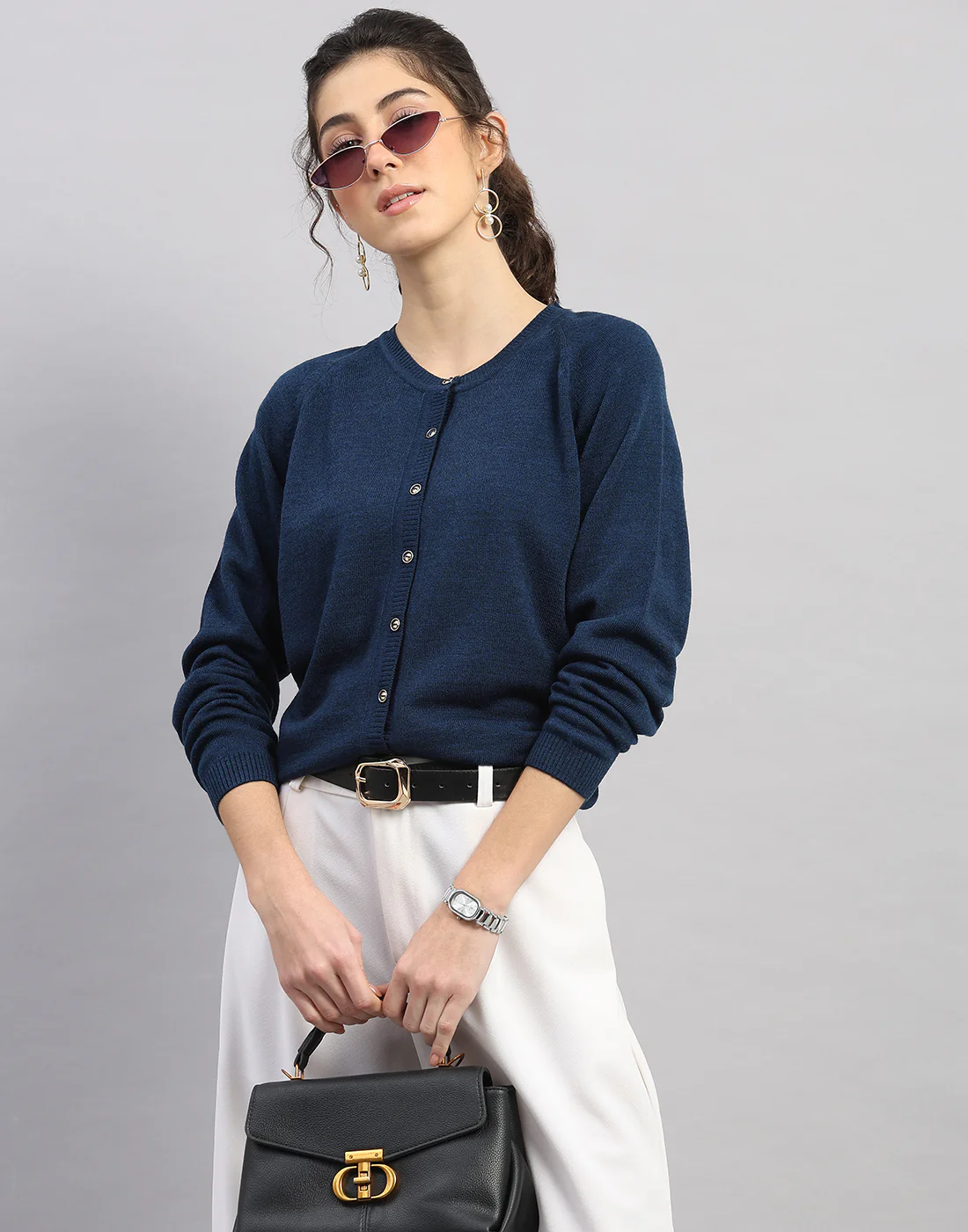 Women Blue Solid Round Neck Full Sleeve Cardigan - Image 6