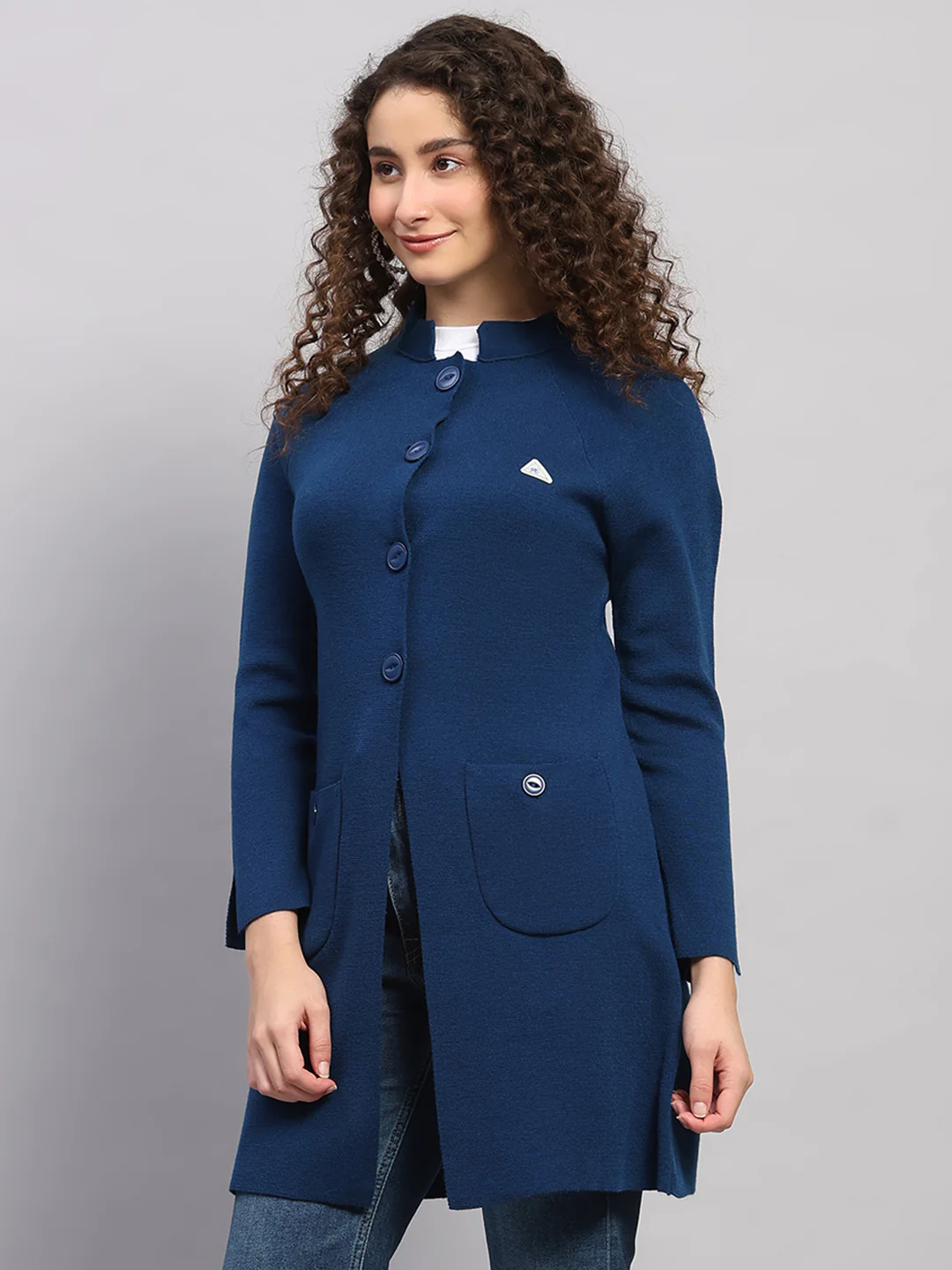 Women Blue Solid Round Neck Full Sleeve Cardigan - Image 3