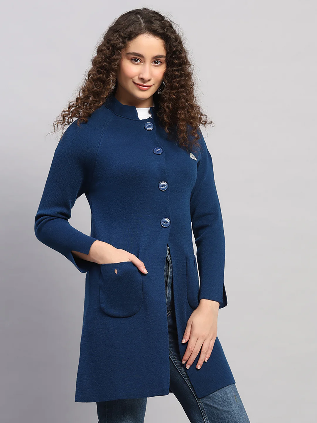 Women Blue Solid Round Neck Full Sleeve Cardigan - Image 4