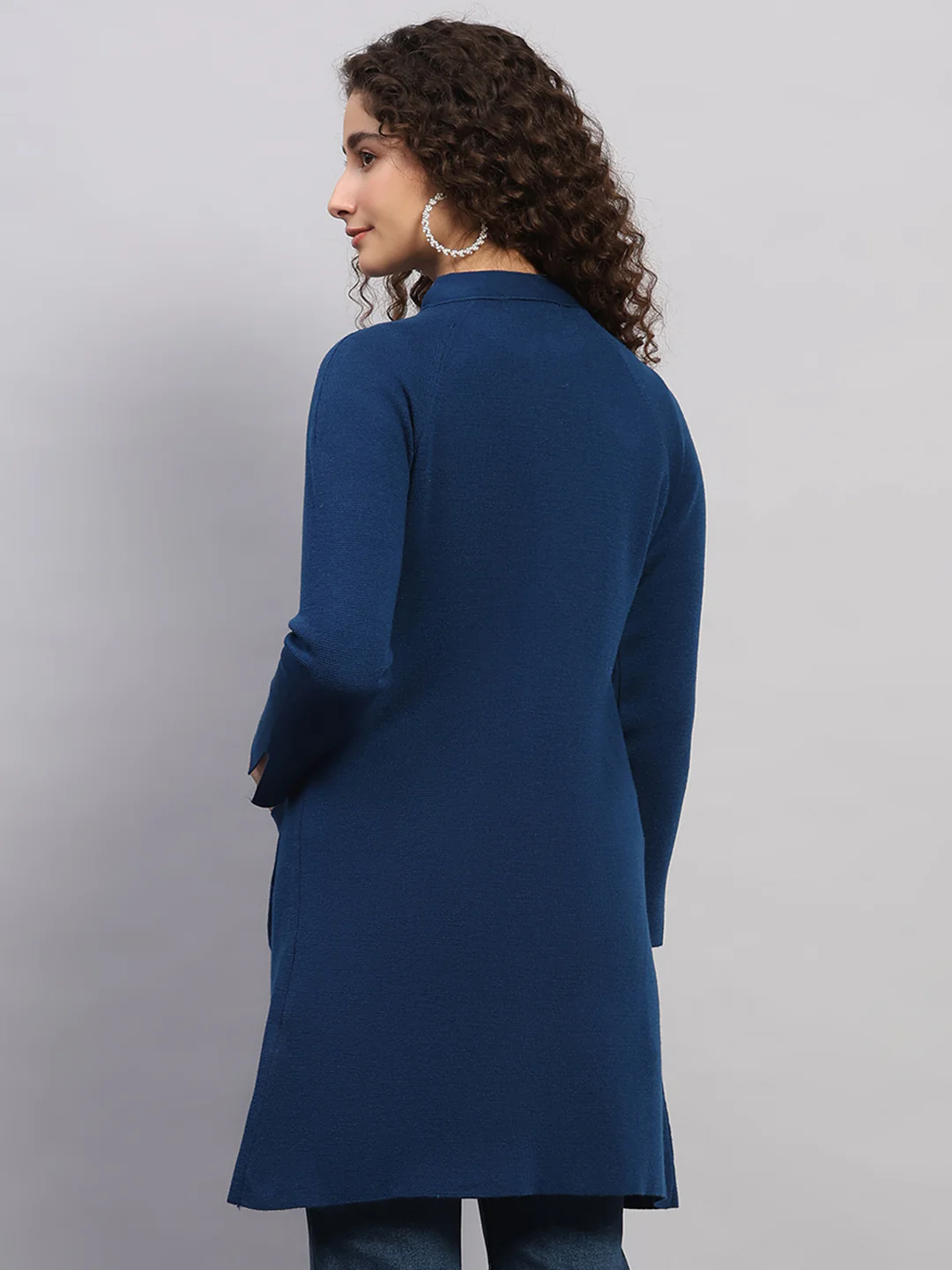 Women Blue Solid Round Neck Full Sleeve Cardigan - Image 5