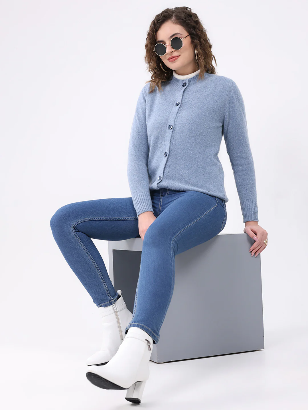 Women Blue Solid Round Neck Full Sleeve Cardigan - Image 2