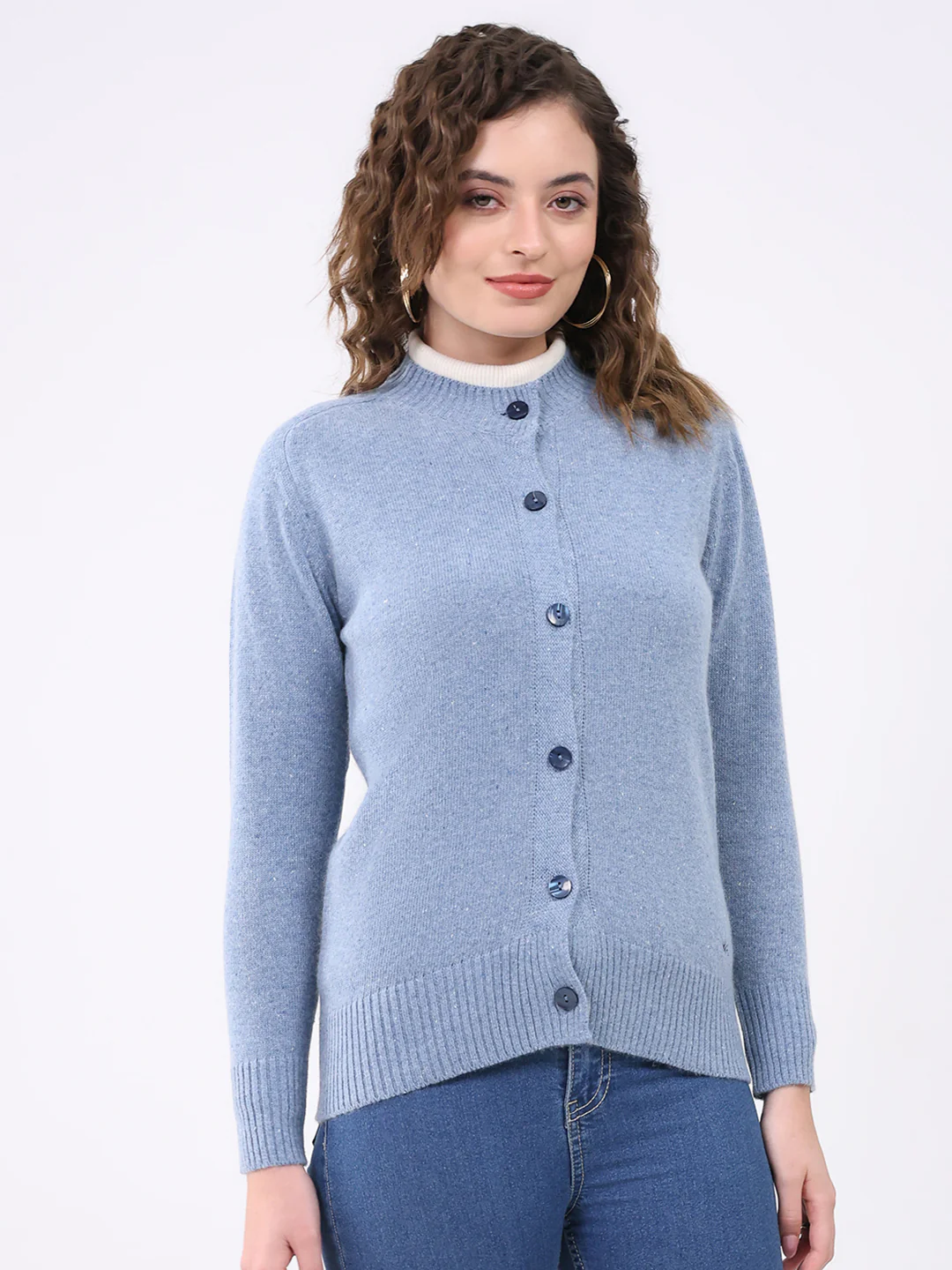 Women Blue Solid Round Neck Full Sleeve Cardigan - Image 4
