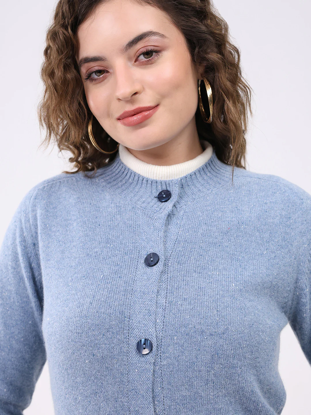 Women Blue Solid Round Neck Full Sleeve Cardigan - Image 6