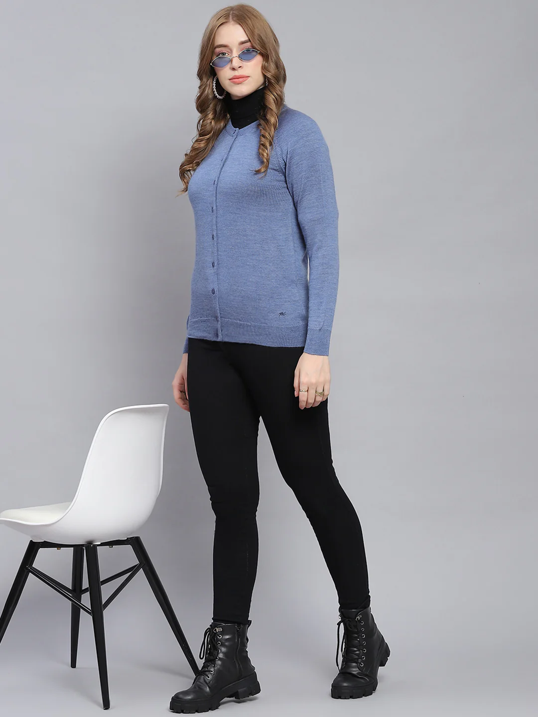 Women Blue Solid Round Neck Full Sleeve Cardigans - Image 2