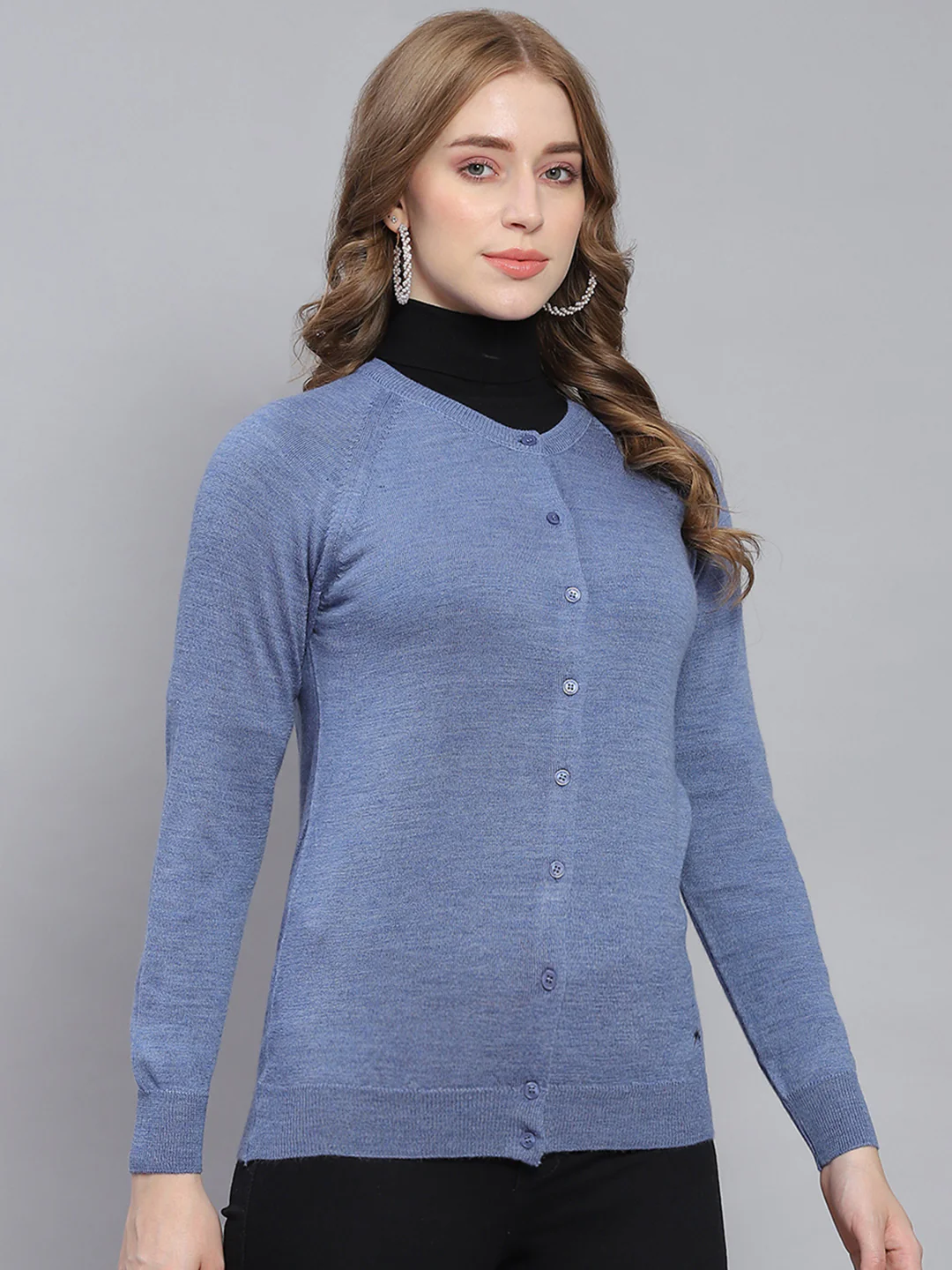 Women Blue Solid Round Neck Full Sleeve Cardigans - Image 4