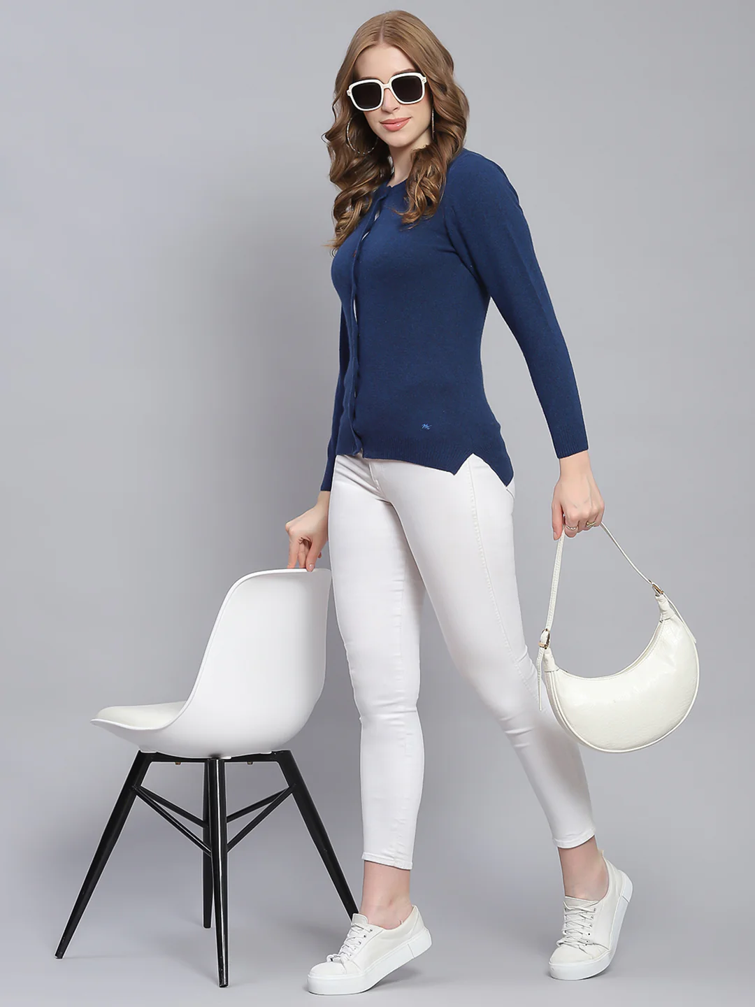 Women Blue Solid Round Neck Full Sleeve Cardigans - Image 2