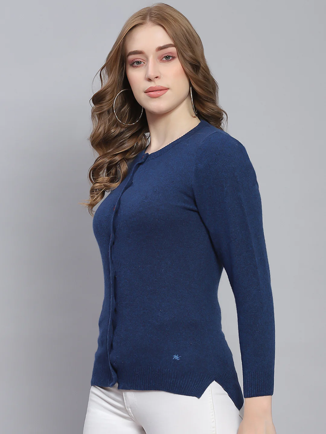 Women Blue Solid Round Neck Full Sleeve Cardigans - Image 3