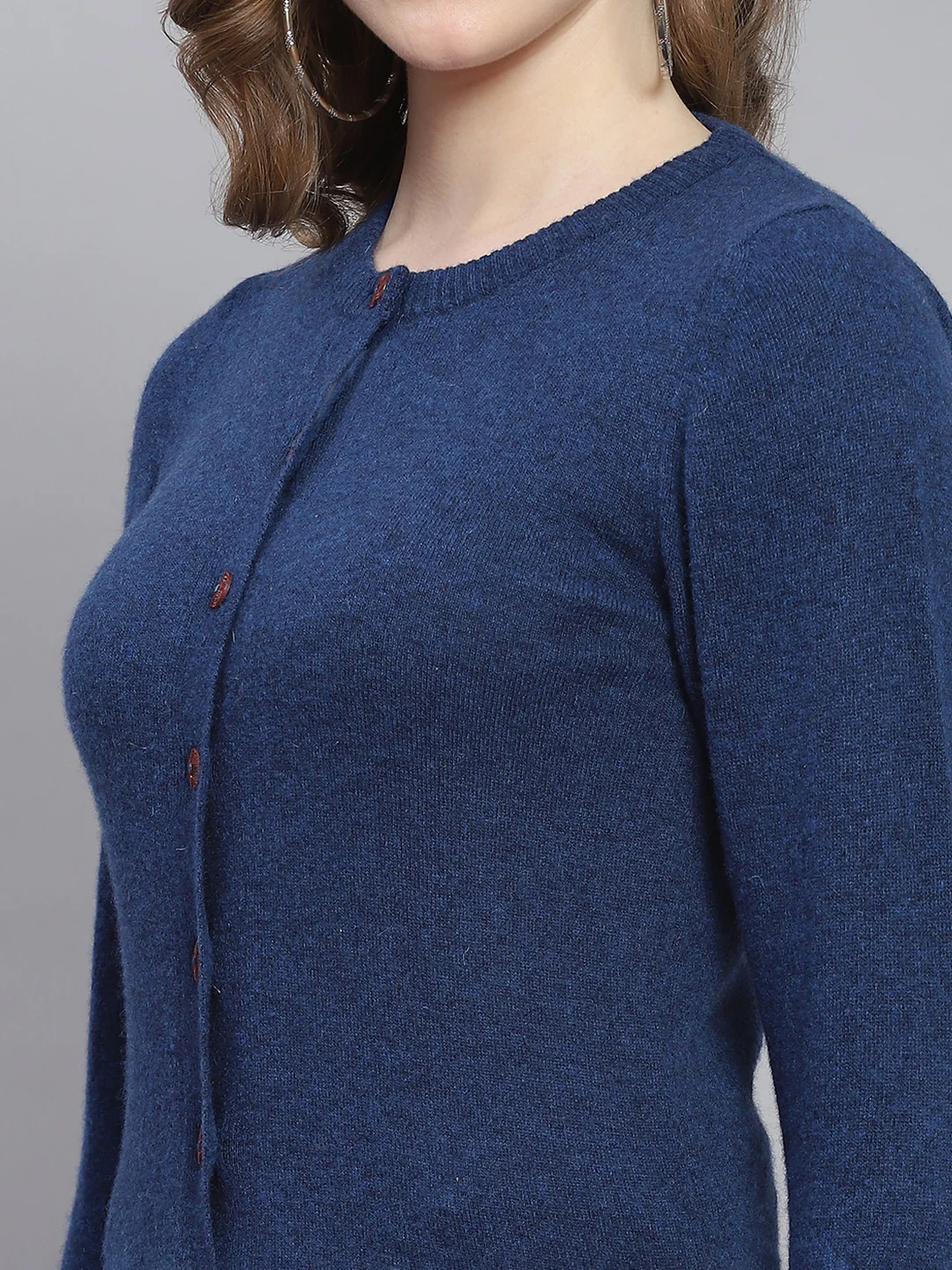 Women Blue Solid Round Neck Full Sleeve Cardigans - Image 6
