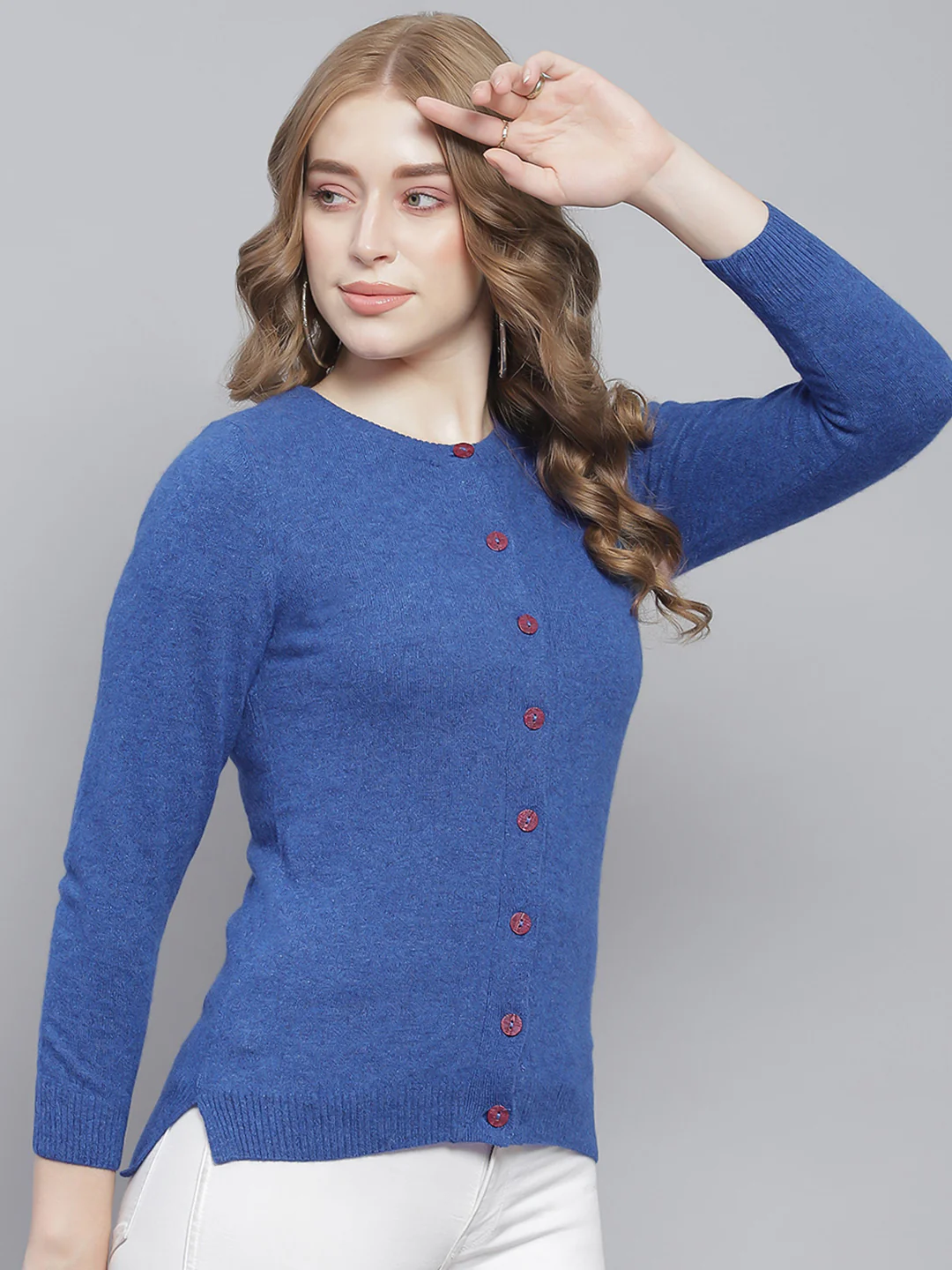 Women Blue Solid Round Neck Full Sleeve Cardigans - Image 4