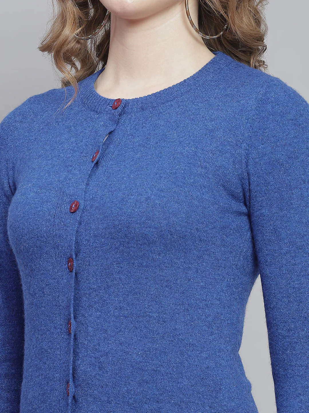 Women Blue Solid Round Neck Full Sleeve Cardigans - Image 6