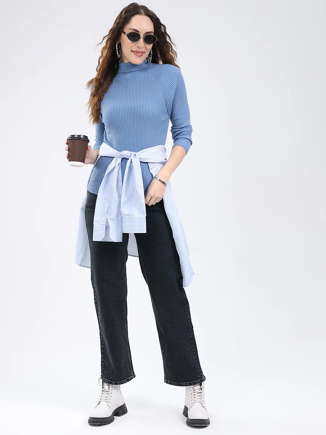 Women Blue Solid Round Neck Full Sleeve Sceavy - Image 2