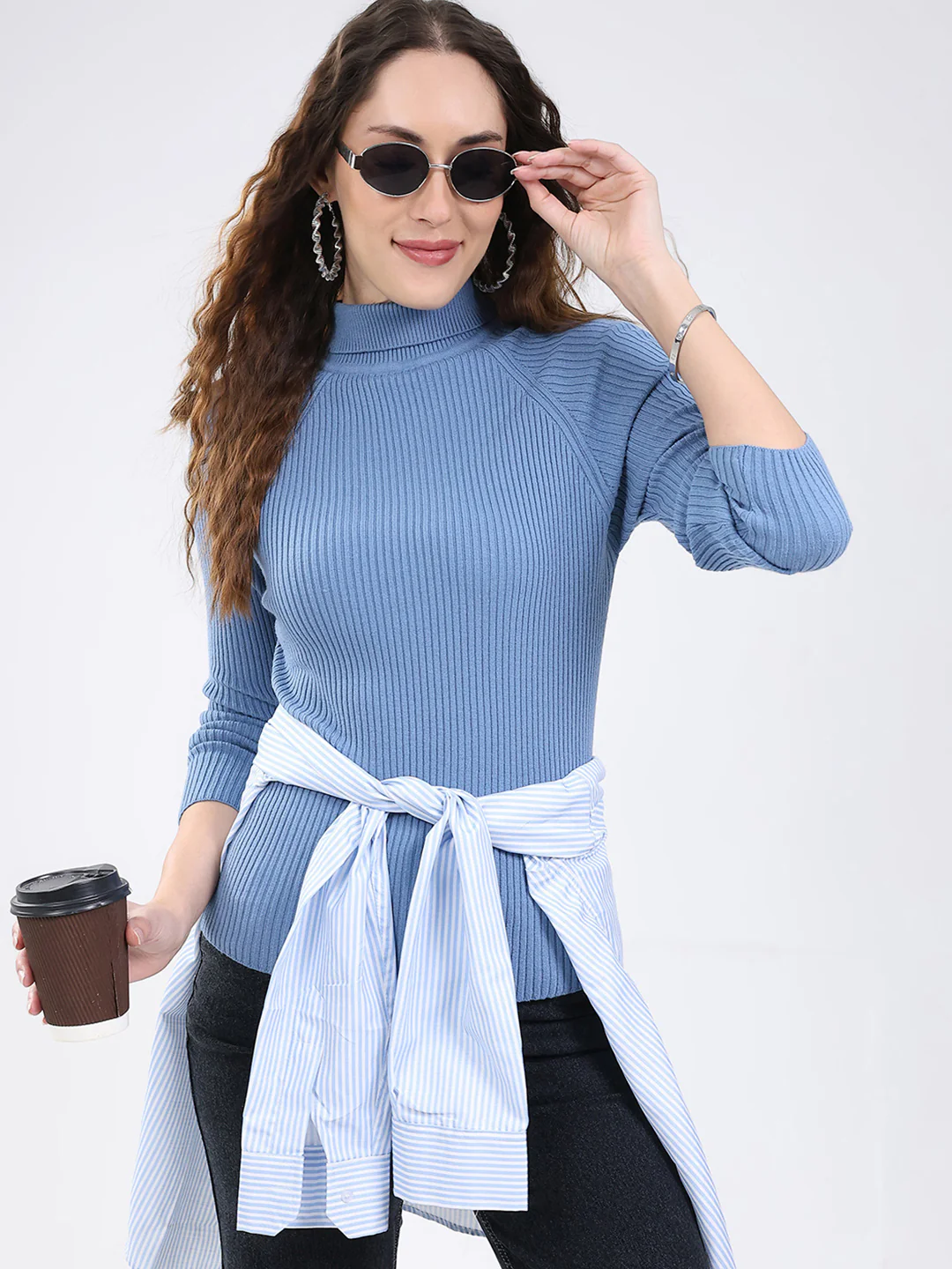 Women Blue Solid Round Neck Full Sleeve Sceavy - Image 6