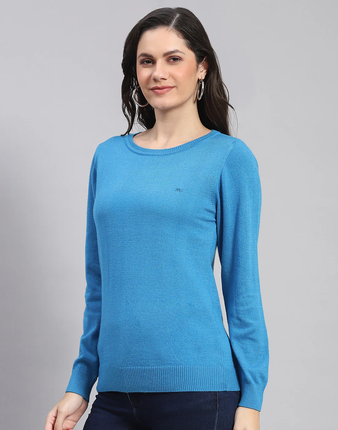 Women Blue Solid Round Neck Full Sleeve Sweater - Image 3