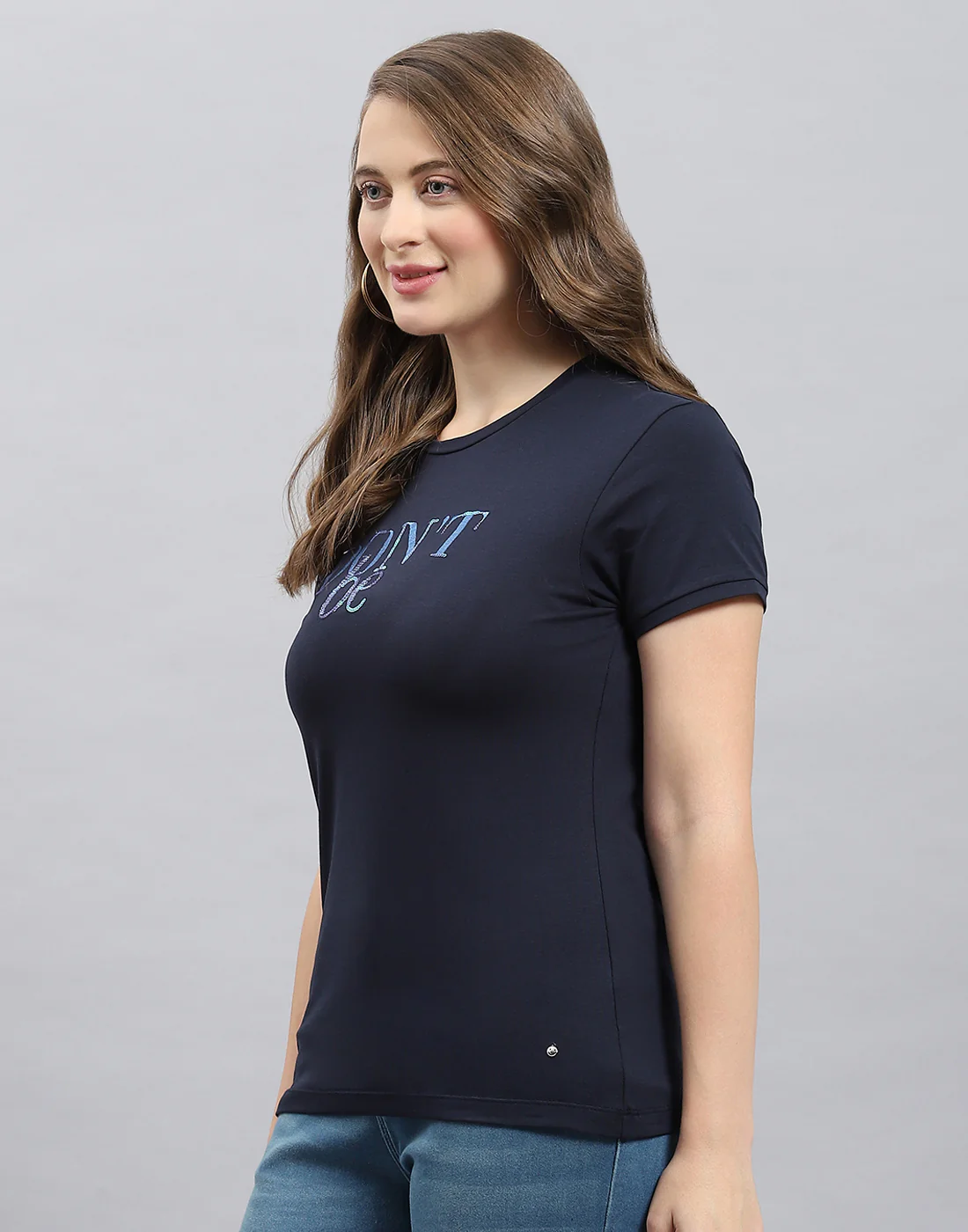Women Blue Solid Round Neck Half Sleeve Top - Image 3