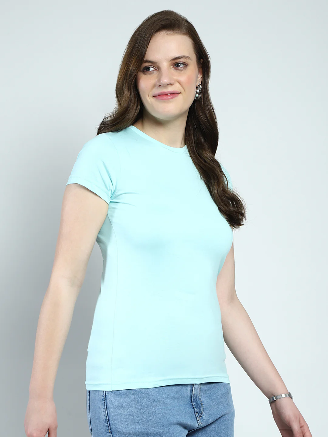 Women Blue Solid Round Neck Half Sleeve Top - Image 4