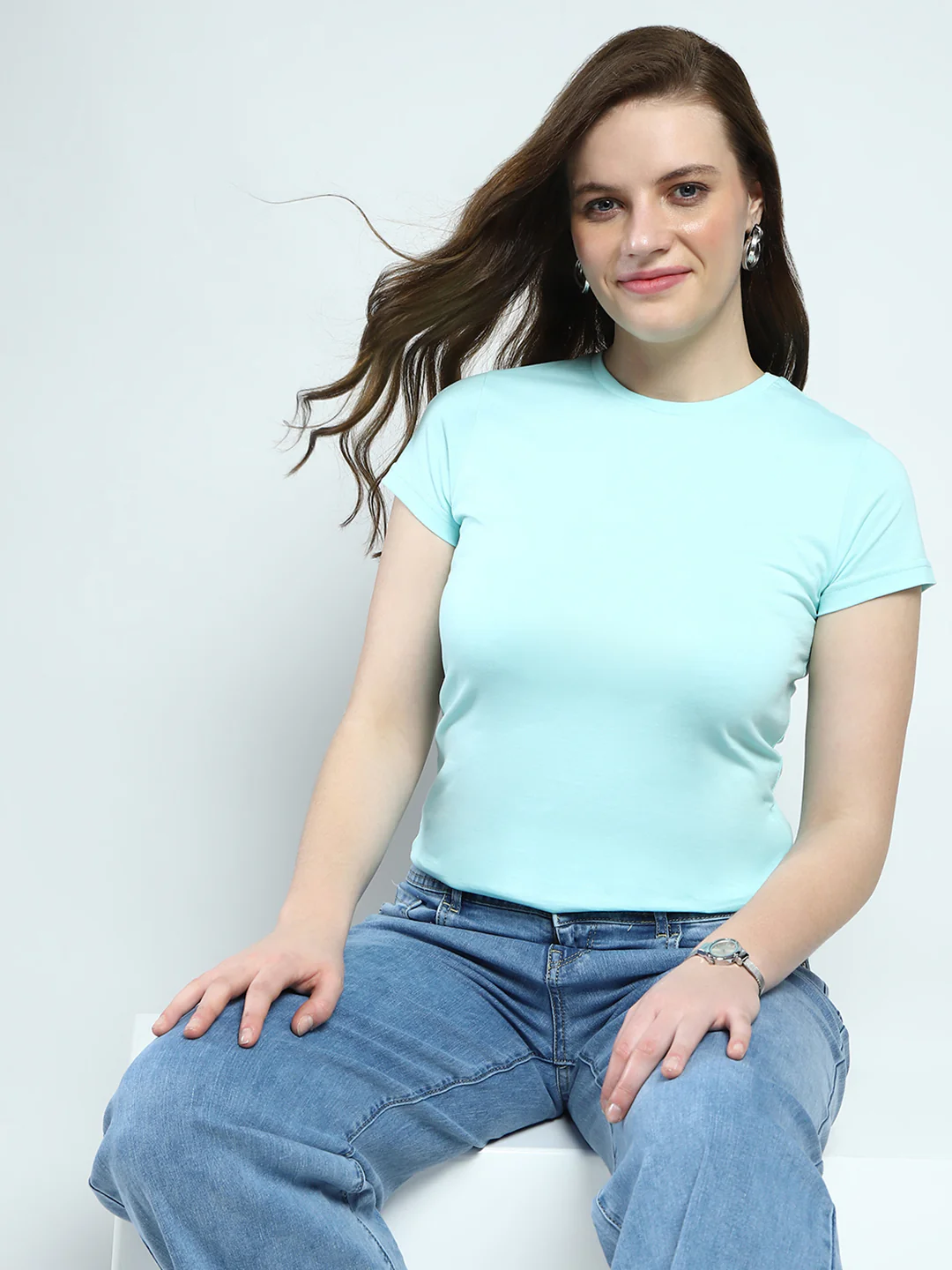 Women Blue Solid Round Neck Half Sleeve Top - Image 6