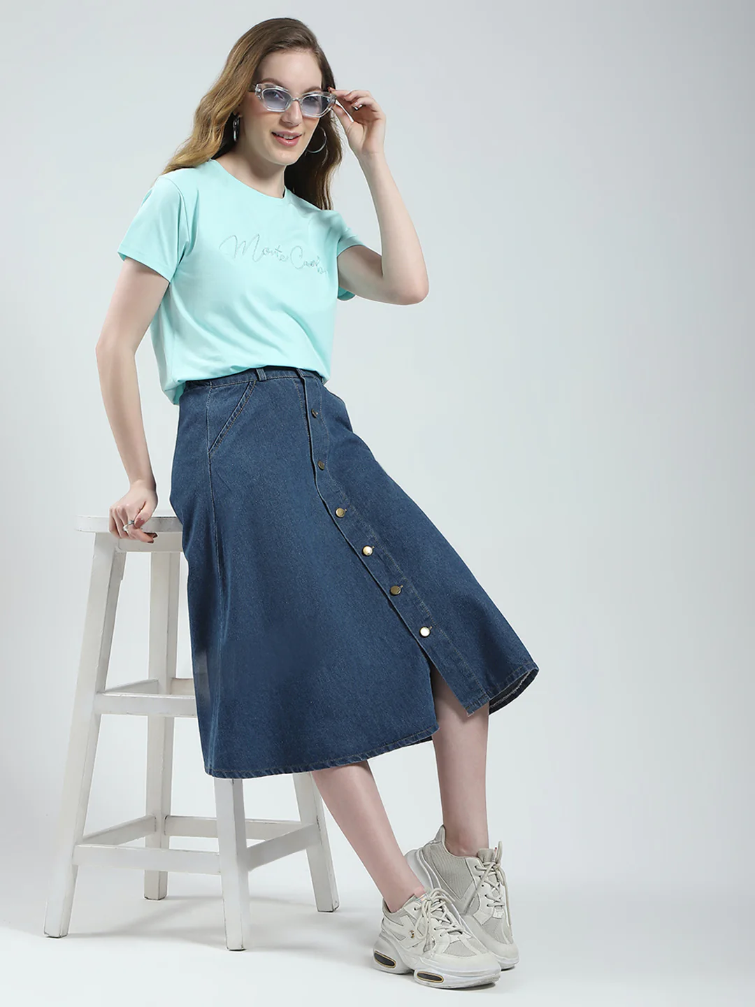 Women Blue Solid Round Neck Half Sleeve Top - Image 2