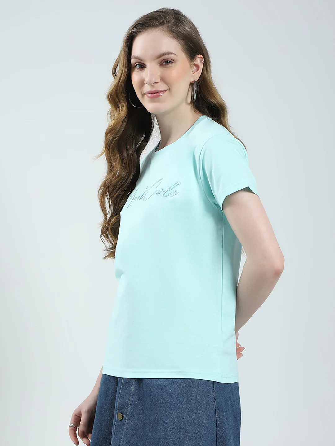 Women Blue Solid Round Neck Half Sleeve Top - Image 3