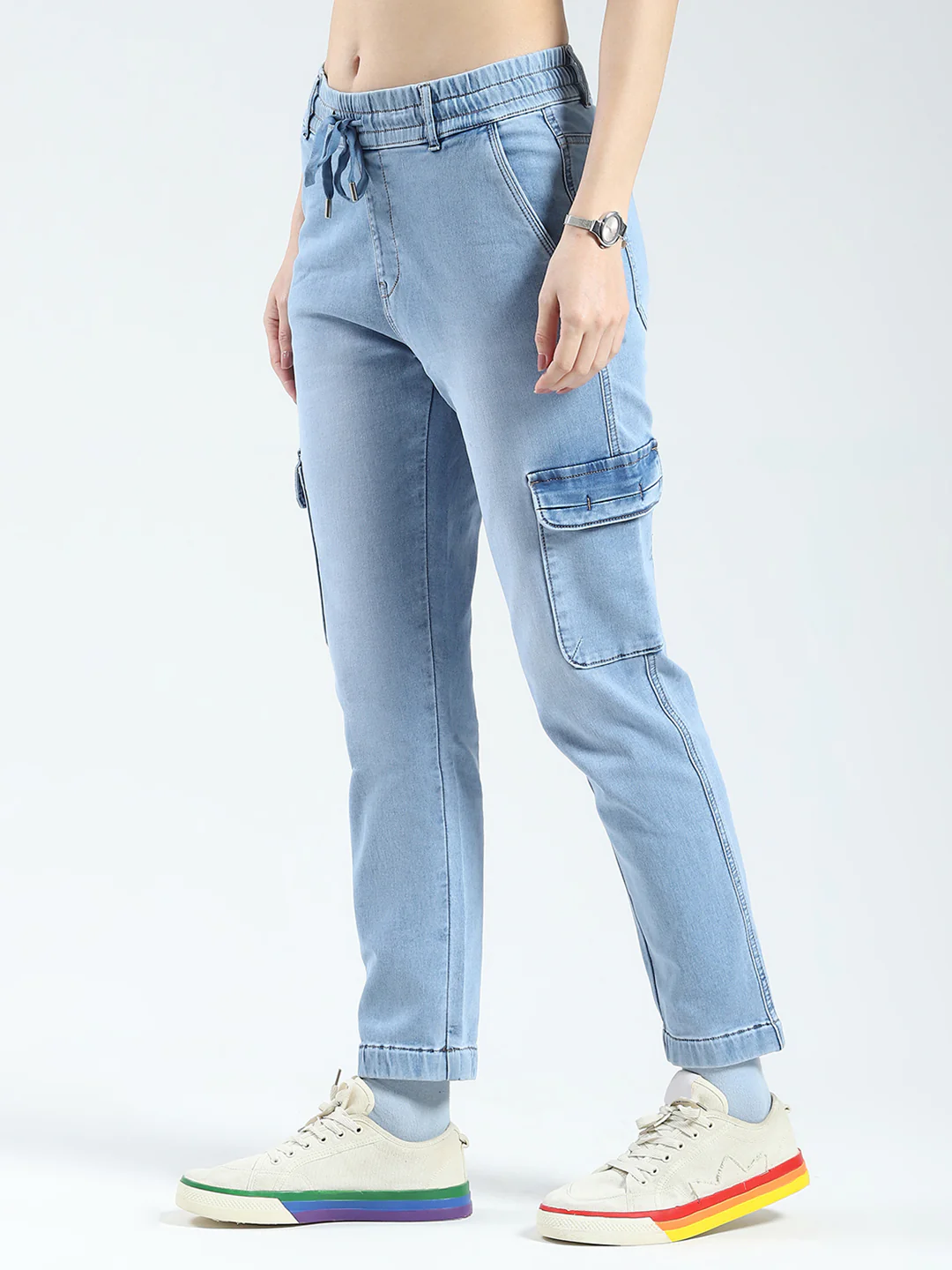 Women Blue Solid Slim Fit Cargo - Image 3