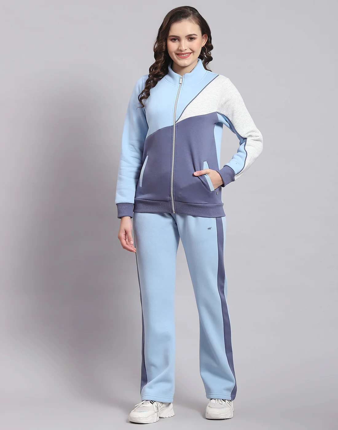 Women Blue Solid Stand Collar Full Sleeve Tracksuit - Image 2