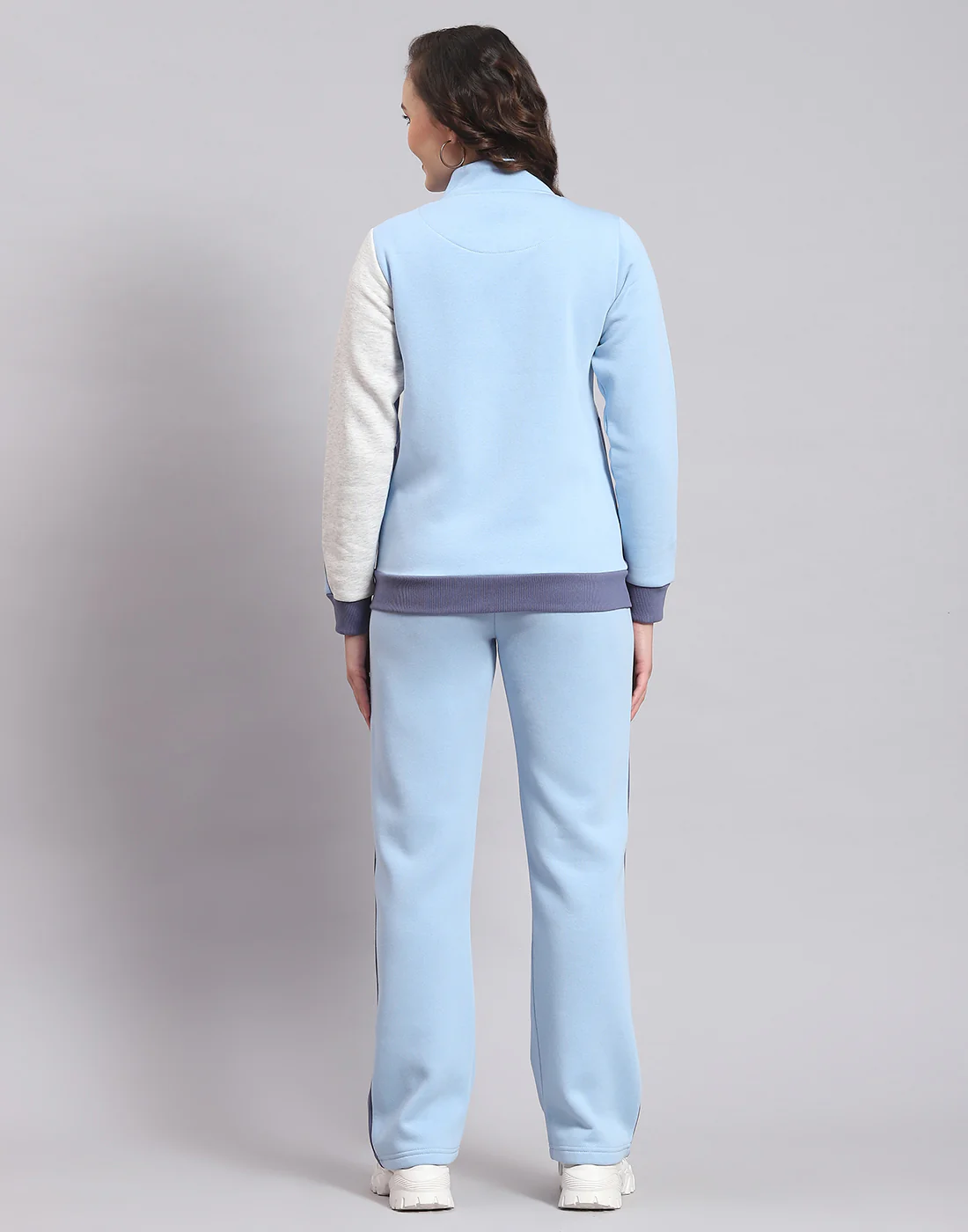Women Blue Solid Stand Collar Full Sleeve Tracksuit - Image 5