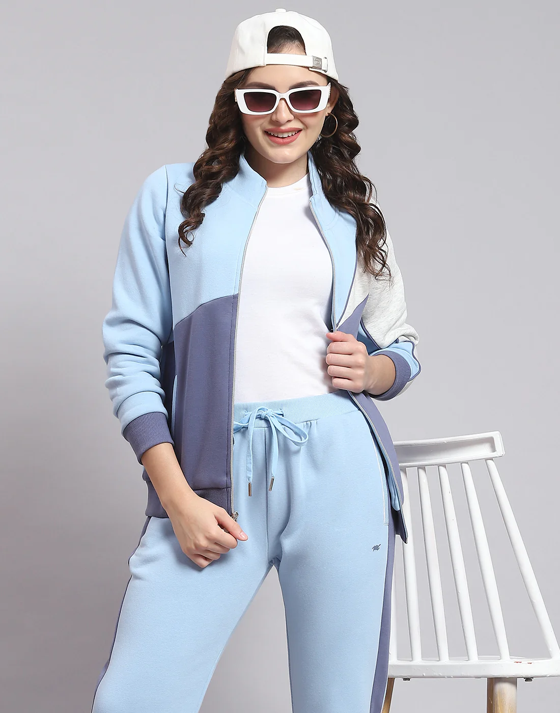 Women Blue Solid Stand Collar Full Sleeve Tracksuit - Image 6