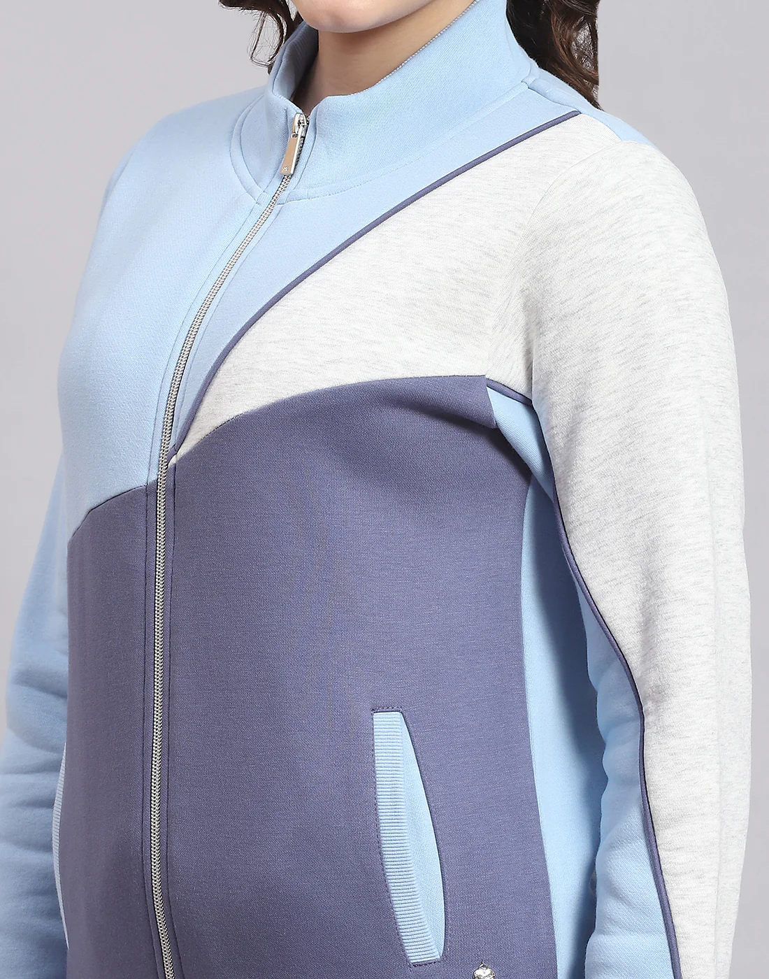 Women Blue Solid Stand Collar Full Sleeve Tracksuit - Image 7