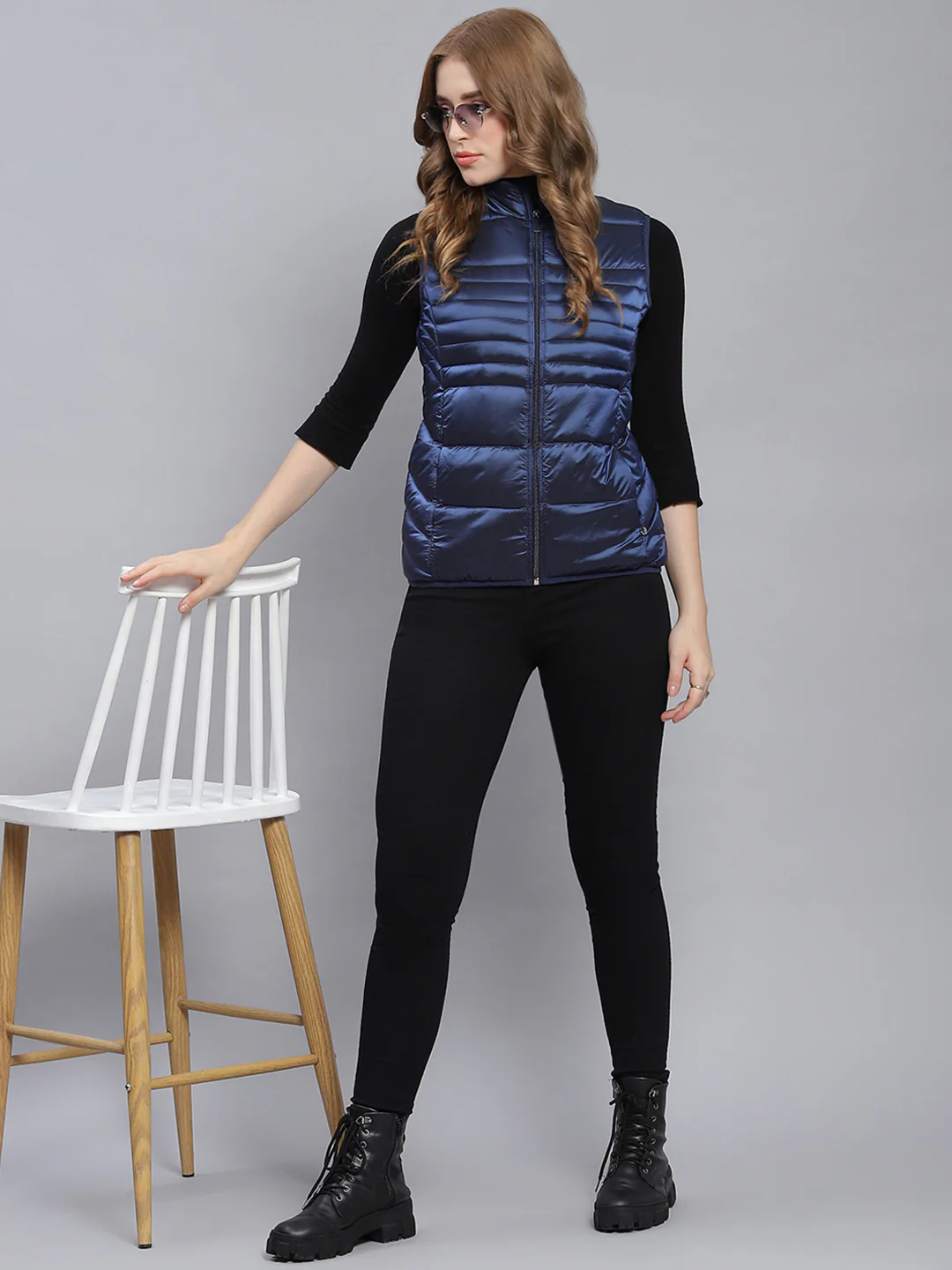 Women Blue Solid Stand Collar Sleeveless Jackets - Image 2