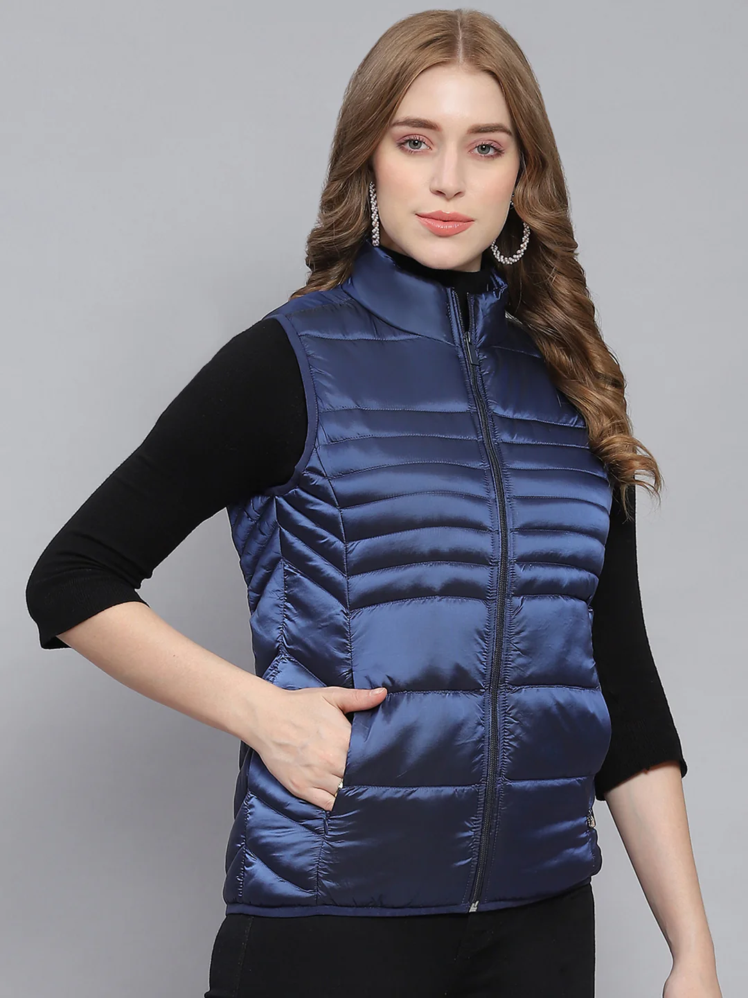 Women Blue Solid Stand Collar Sleeveless Jackets - Image 4