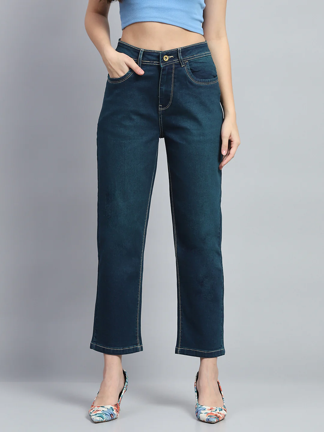 Women Blue Solid Straight Fit Denim - Image 2