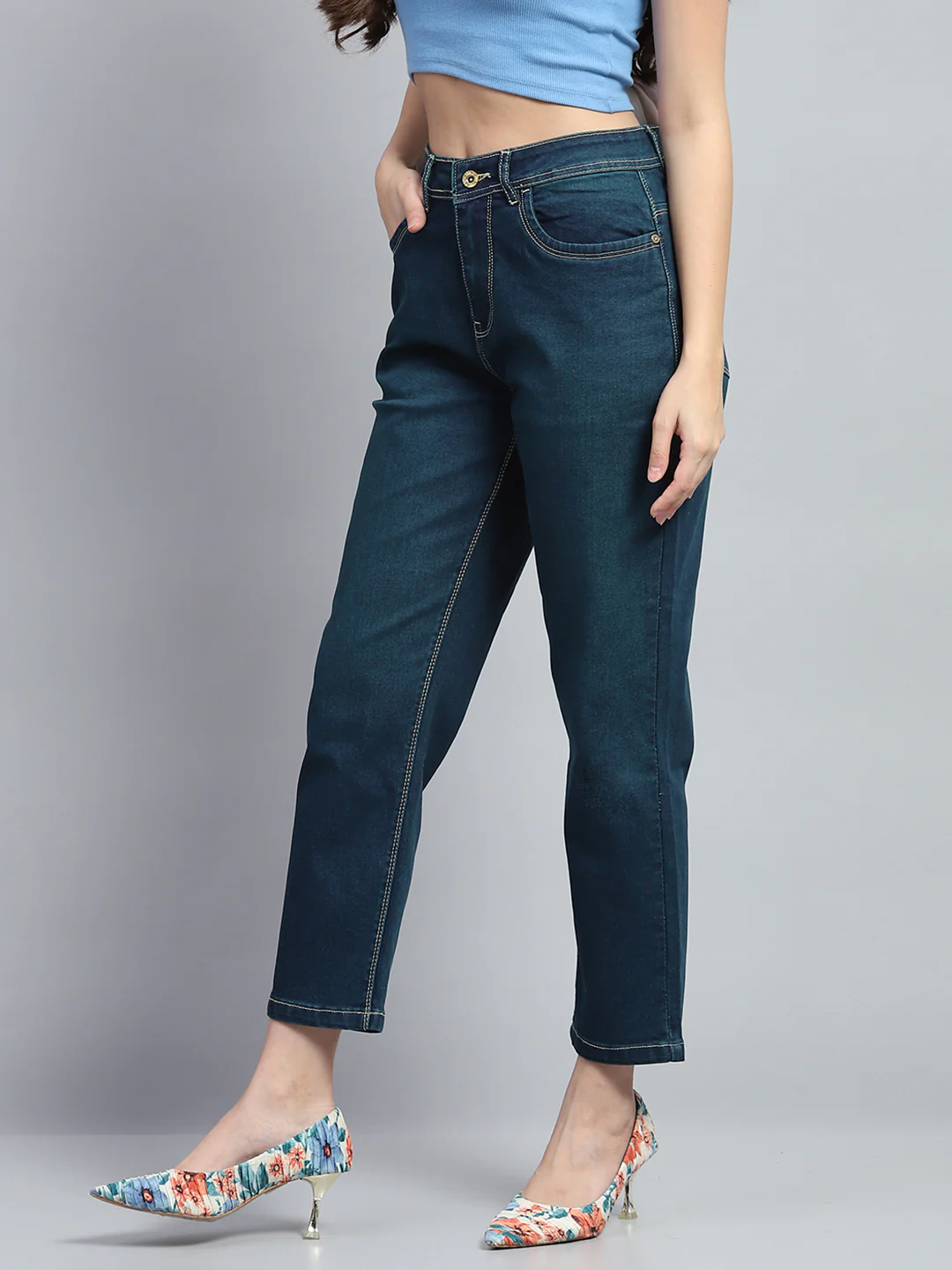 Women Blue Solid Straight Fit Denim - Image 3