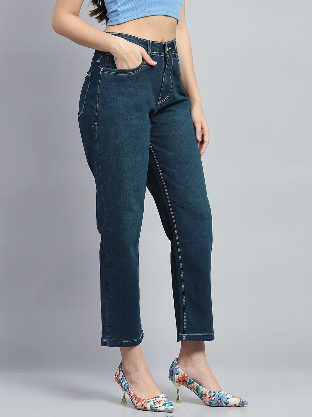 Women Blue Solid Straight Fit Denim - Image 4