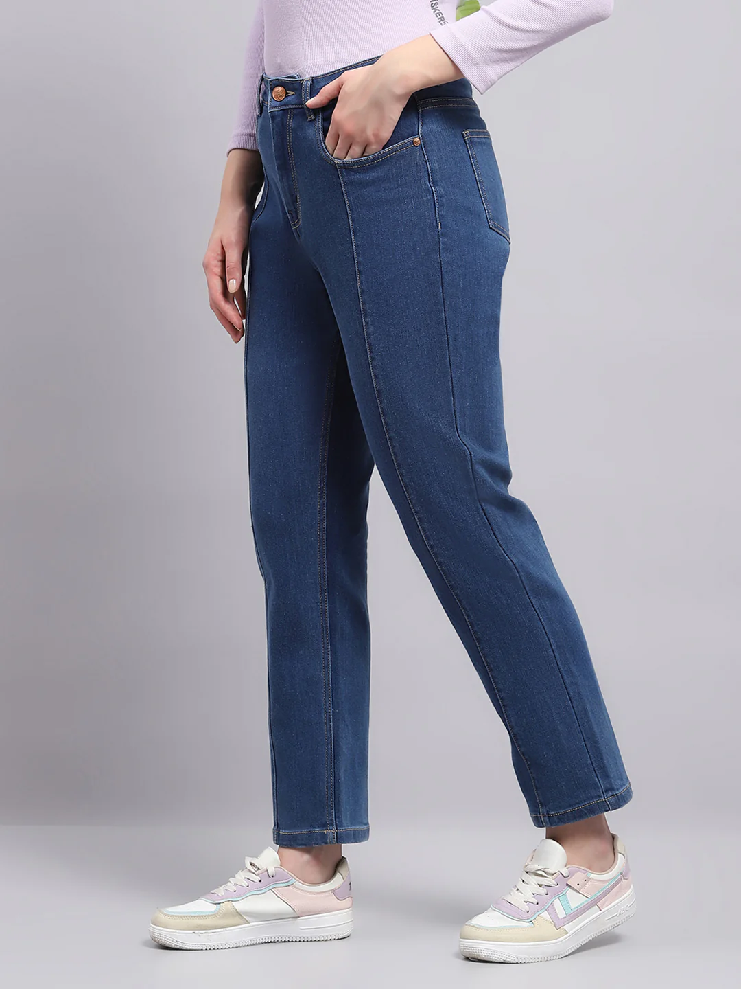 Women Blue Solid Straight Fit Denim - Image 3