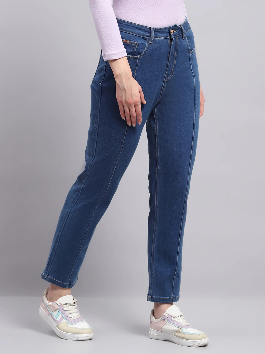Women Blue Solid Straight Fit Denim - Image 4