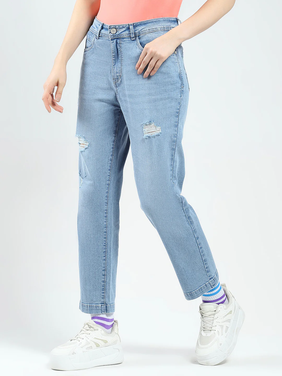 Women Blue Solid Straight Fit Denim - Image 4