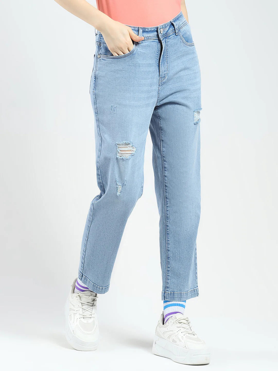 Women Blue Solid Straight Fit Denim - Image 5