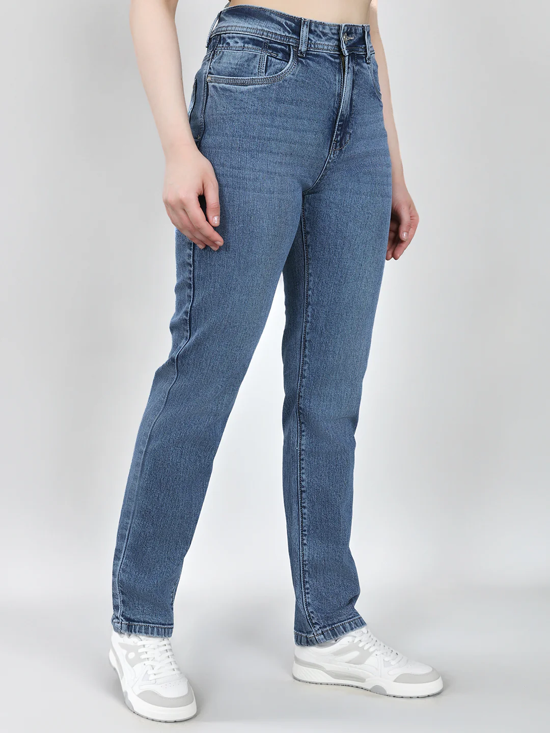 Women Blue Solid Straight Fit Denim - Image 3