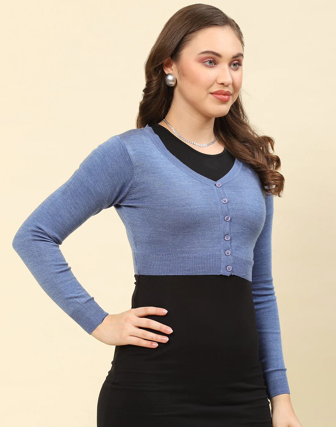 Women Blue Solid V Neck Full Sleeve Blouse - Image 4