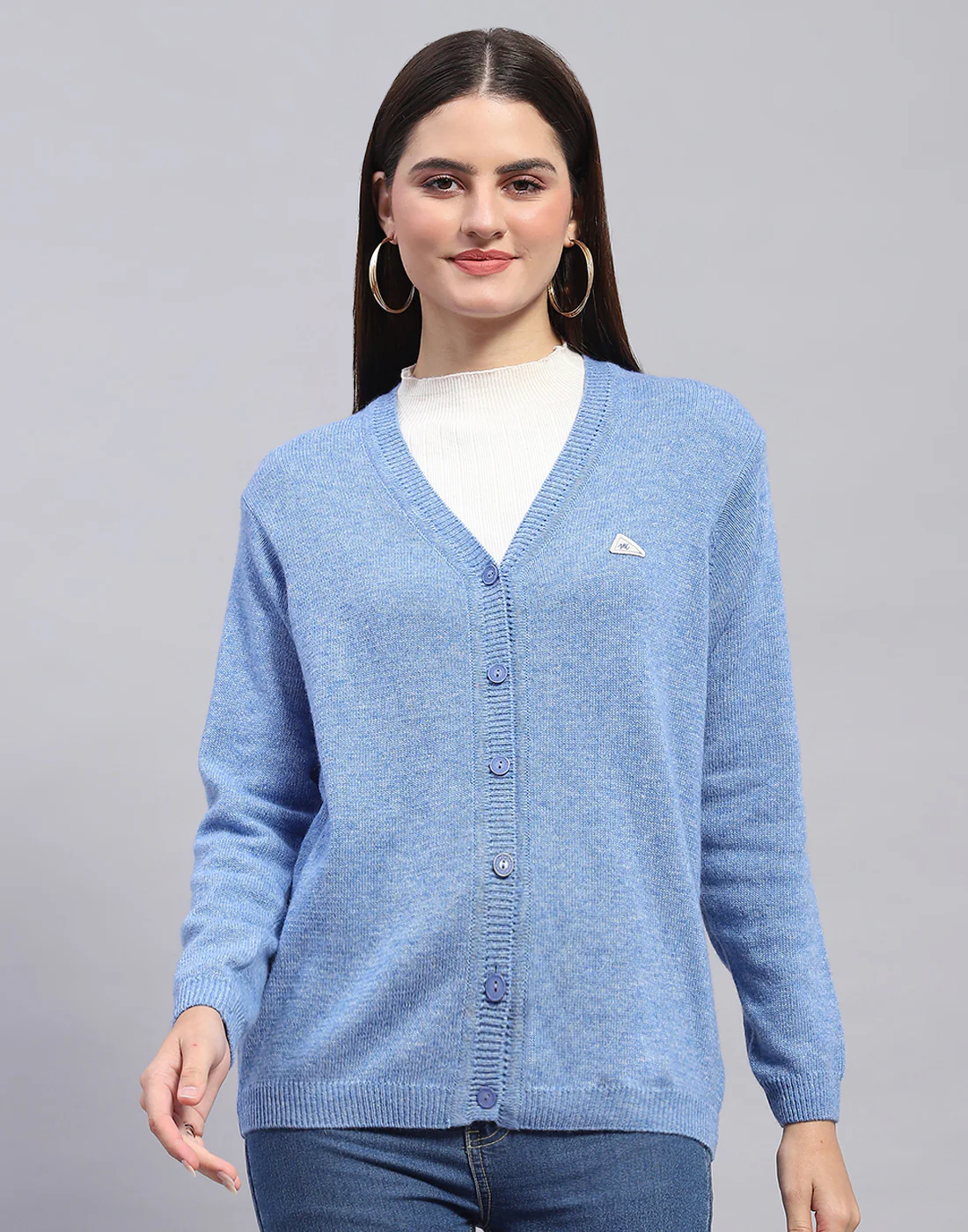 Women Blue Solid V Neck Full Sleeve Cardigan - Image 2