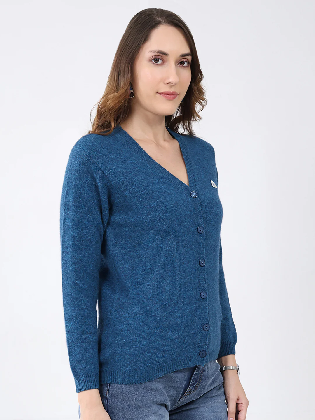 Women Blue Solid V Neck Full Sleeve Cardigan - Image 4