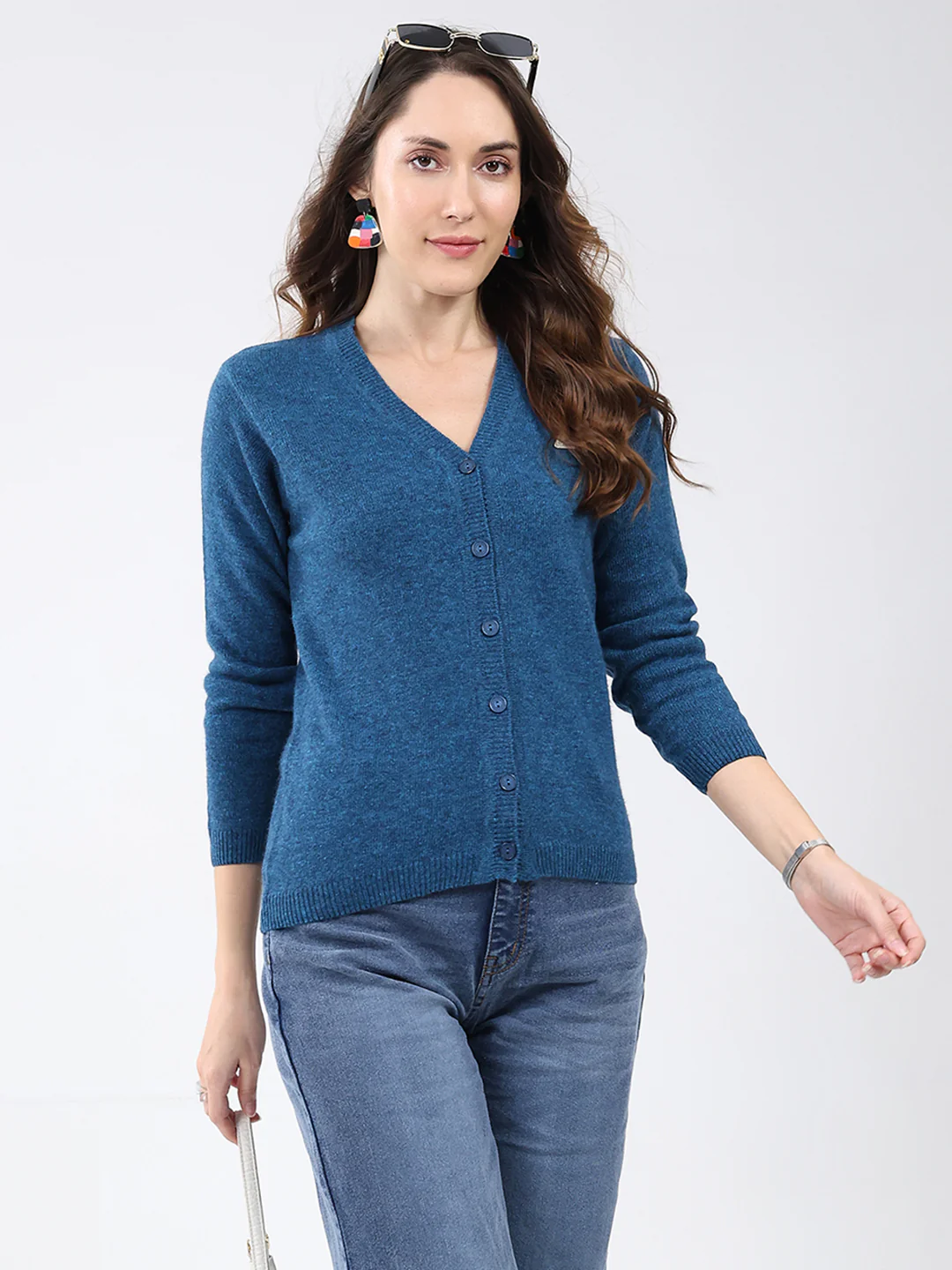 Women Blue Solid V Neck Full Sleeve Cardigan - Image 6