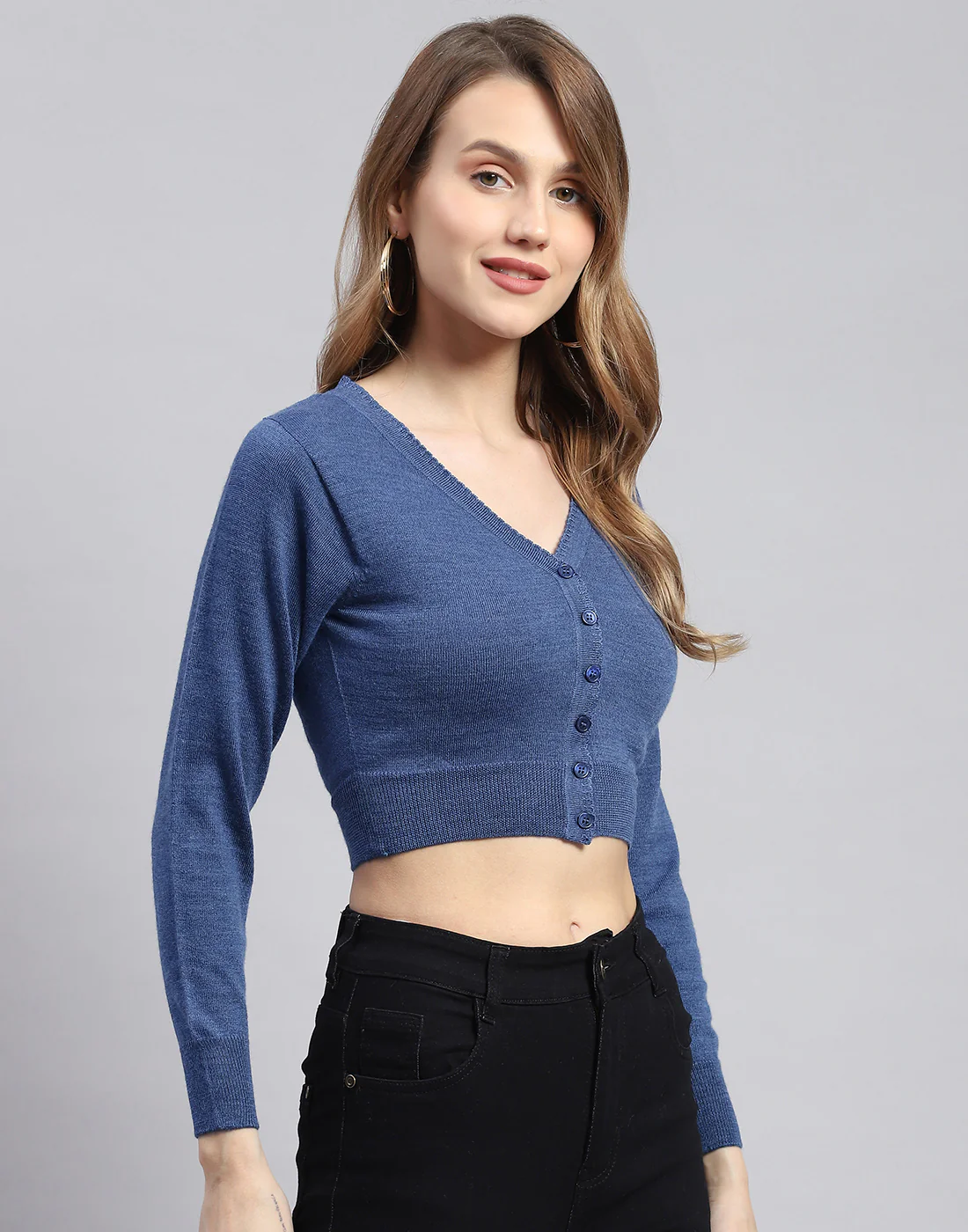Women Blue Solid V Neck Full Sleeve Sweater - Image 3