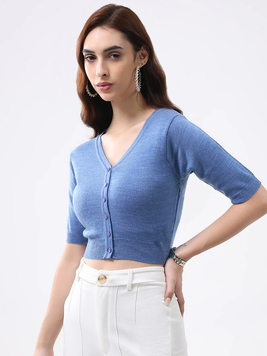 Women Blue Solid V Neck Half Sleeve Cardigan - Image 3