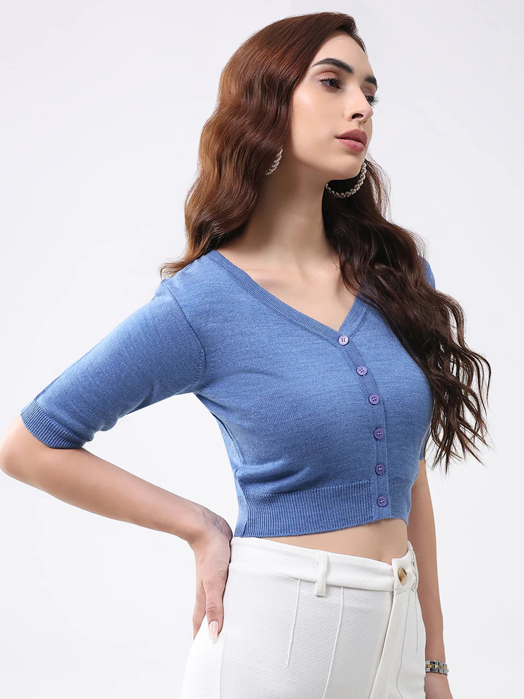 Women Blue Solid V Neck Half Sleeve Cardigan - Image 4