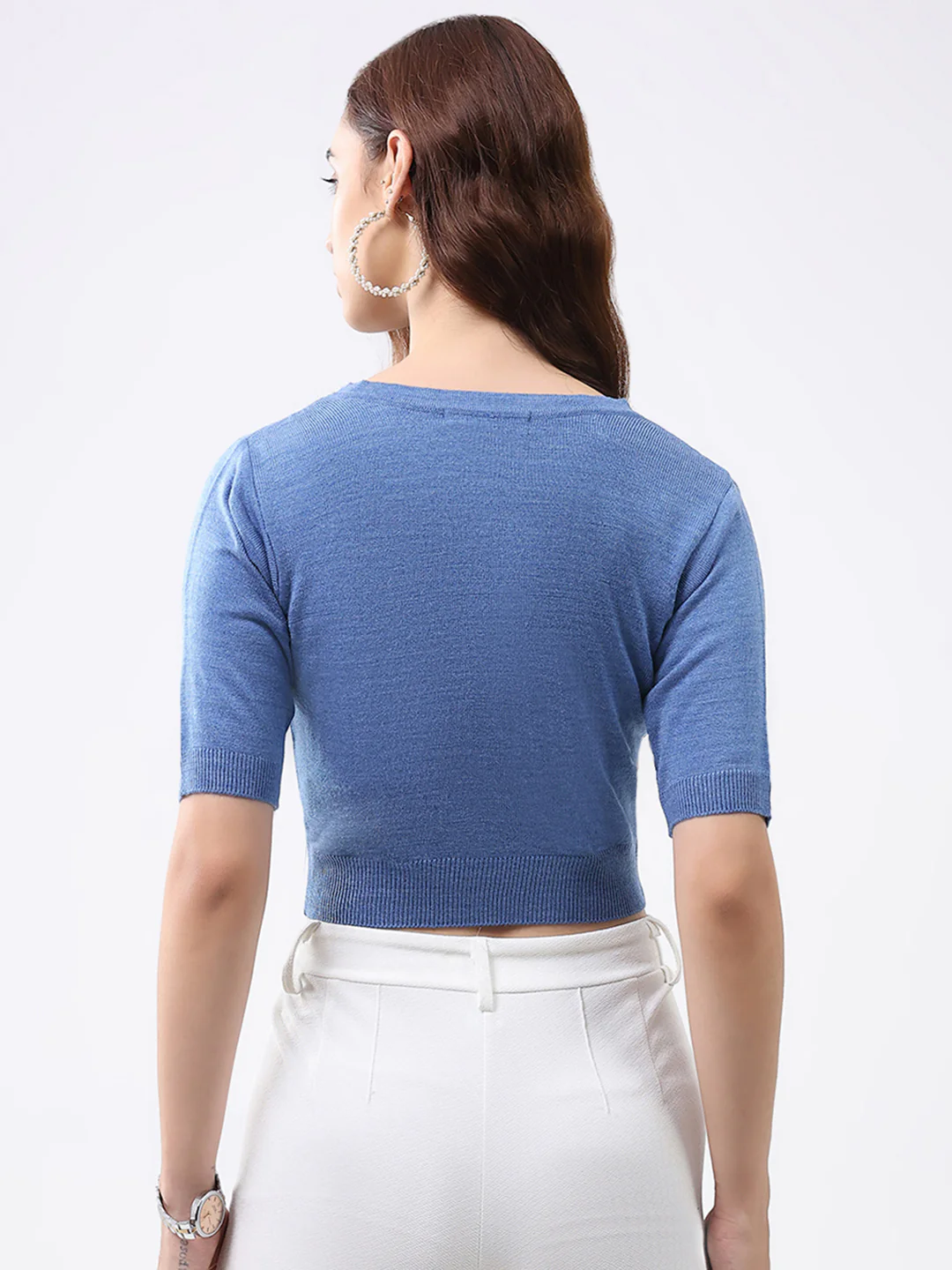 Women Blue Solid V Neck Half Sleeve Cardigan - Image 5