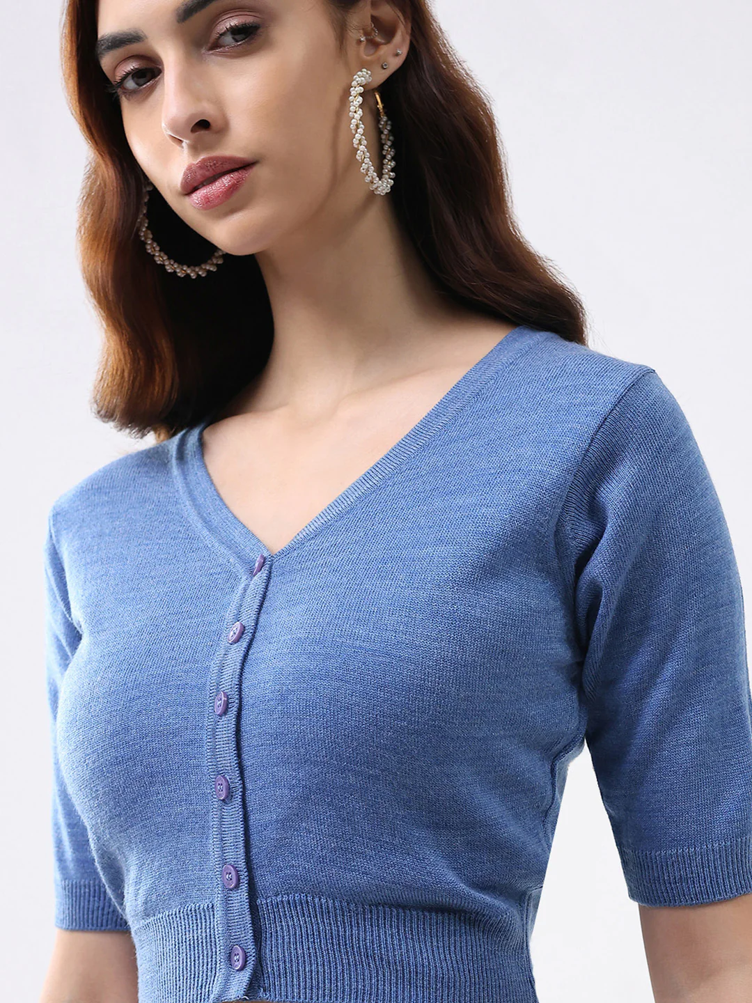 Women Blue Solid V Neck Half Sleeve Cardigan - Image 6