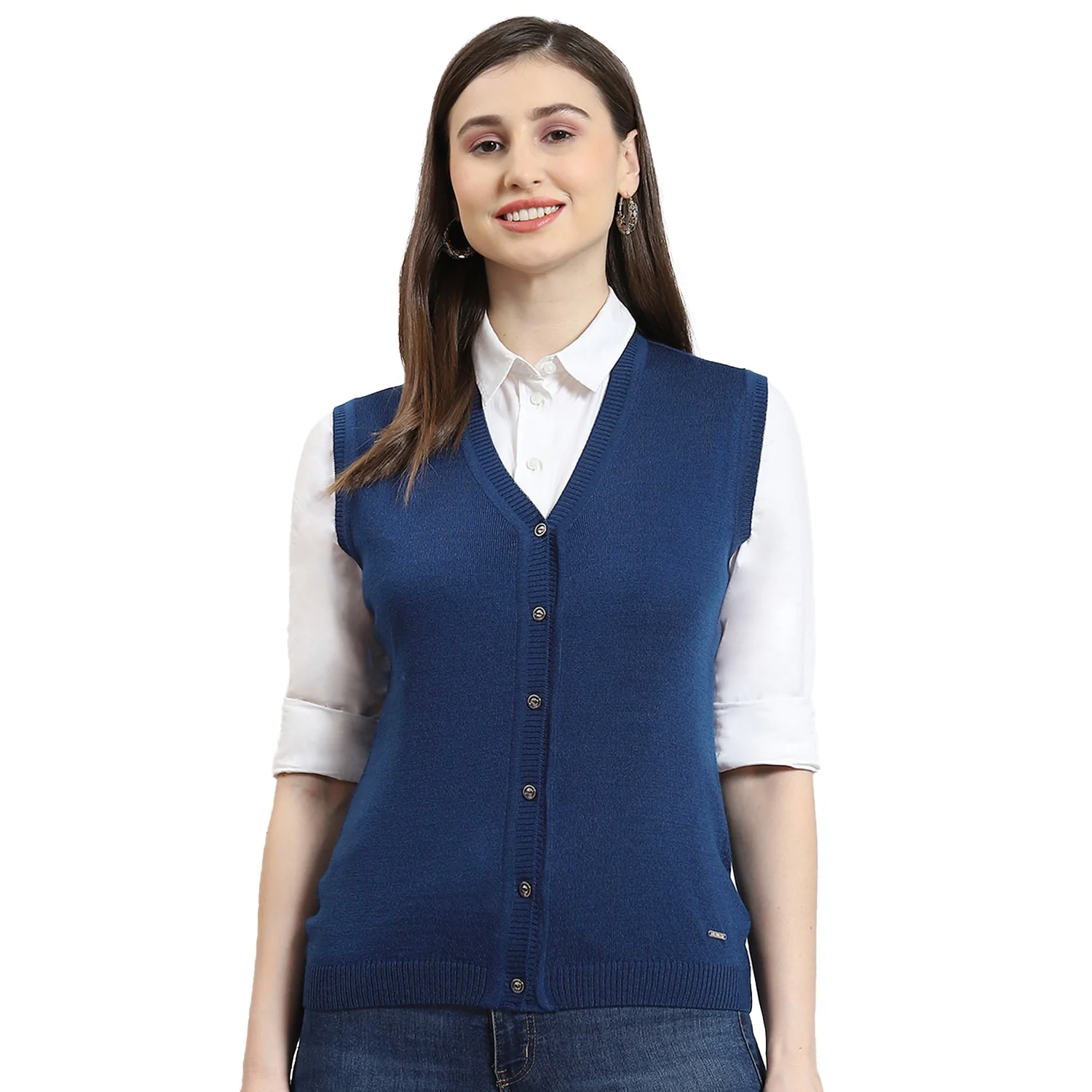 Women Blue Solid V Neck Sleeveless Cardigan - Image 5