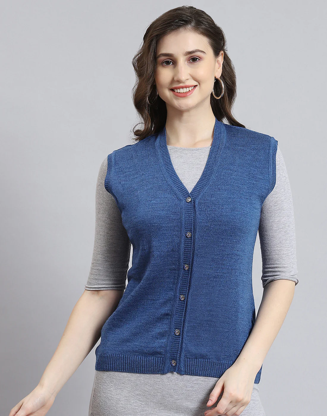 Women Blue Solid V Neck Sleeveless Cardigan - Image 2